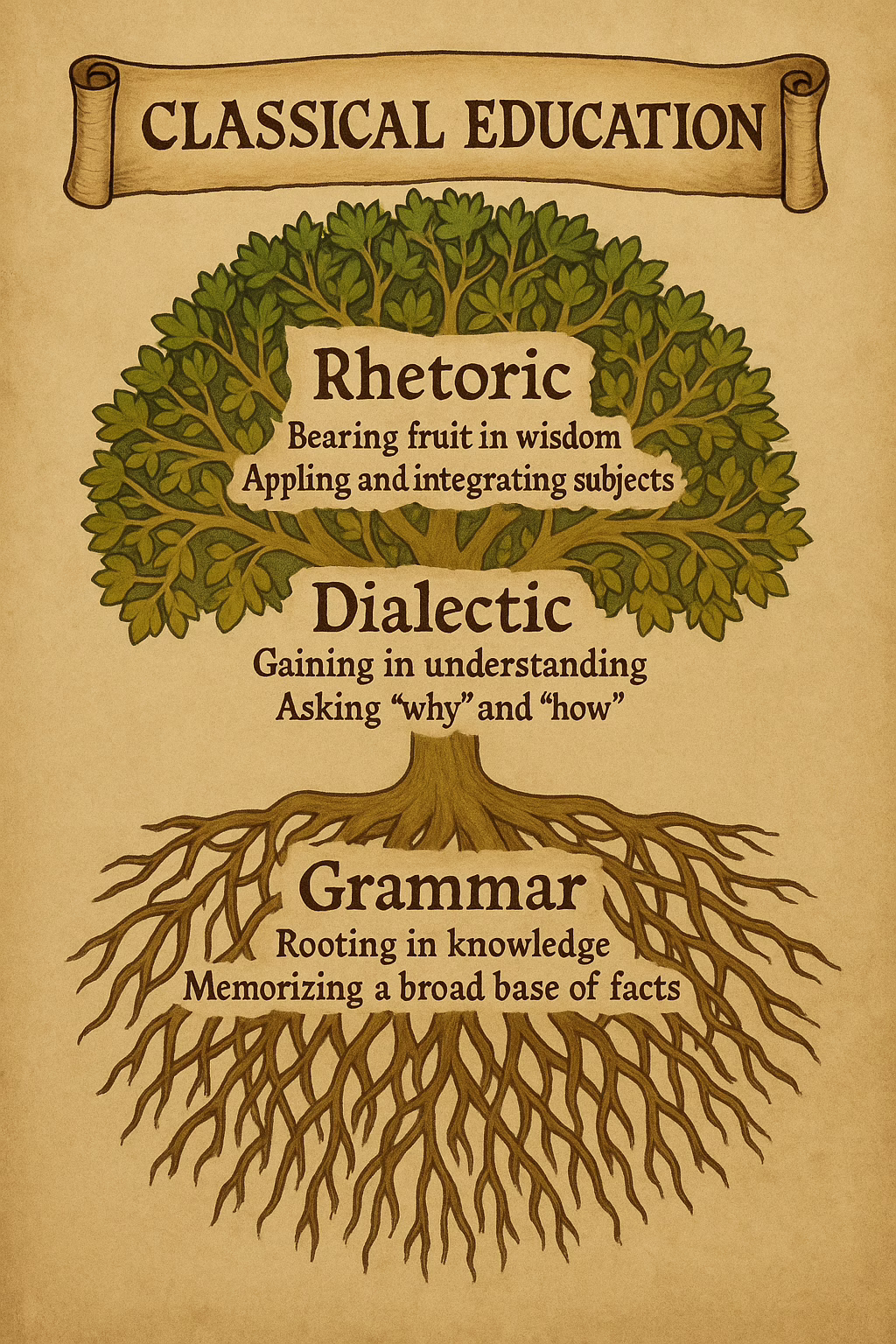 Illustration of the Trivium as a tree representing Classical Education with Grammar as roots, Dialectic as the trunk, and Rhetoric as the branches bearing fruit in wisdom
